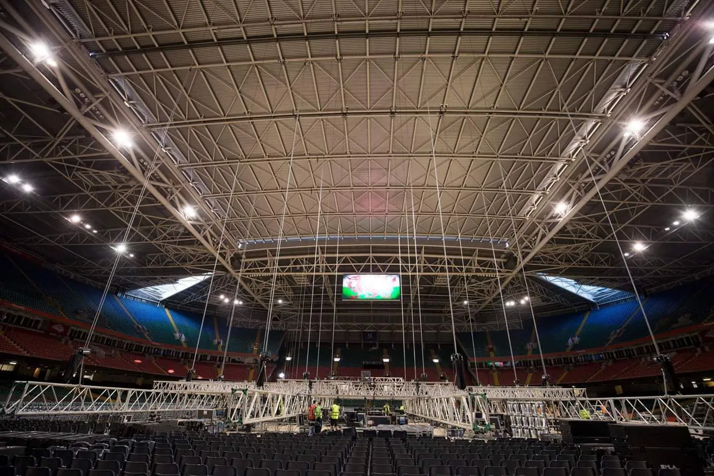 Stadium production build under the roof by Celtic Stage Crew Cardiff