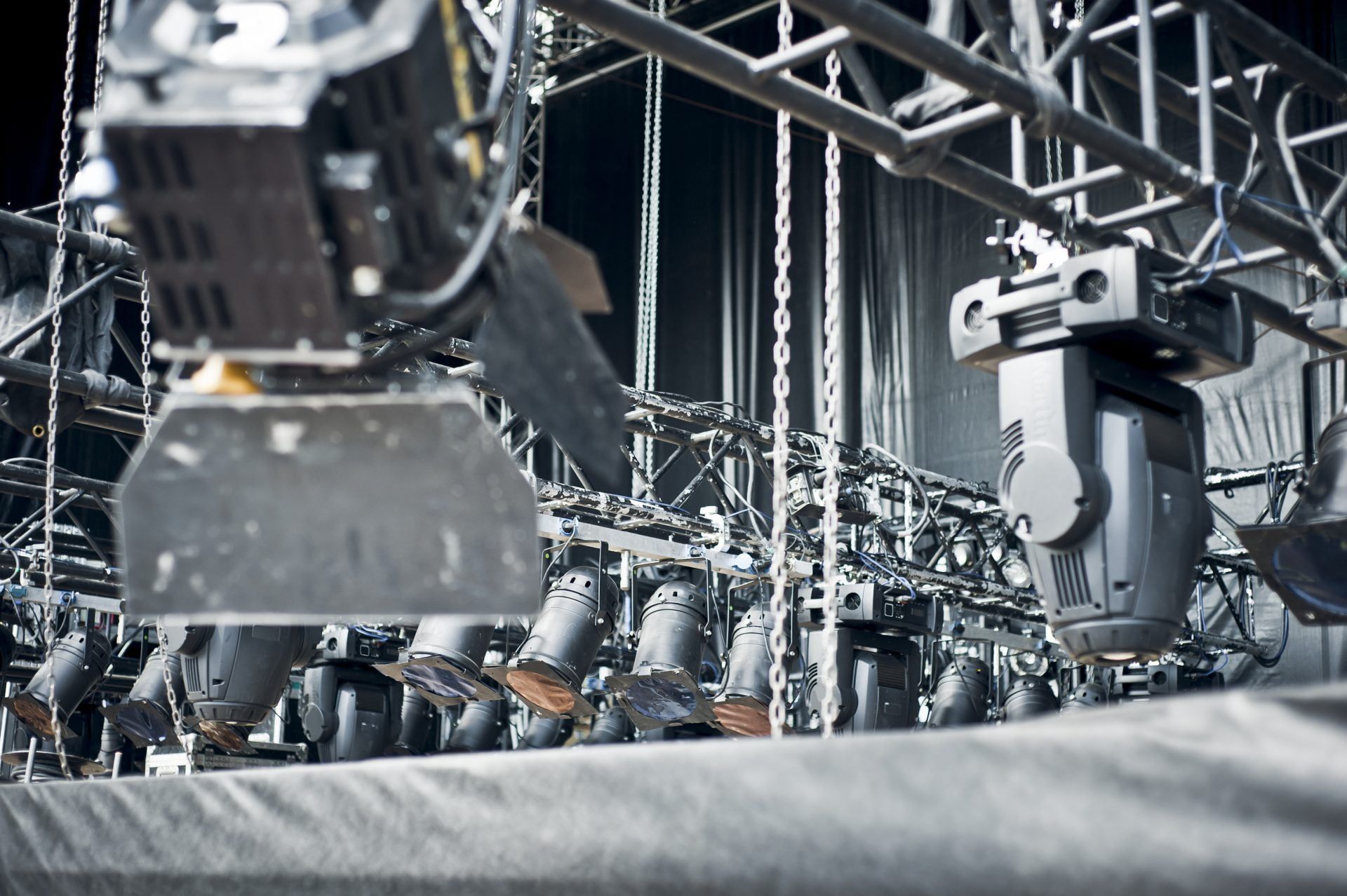 Stage lighting rig above a production set crewed by Celtic Stage Crew Cardiff